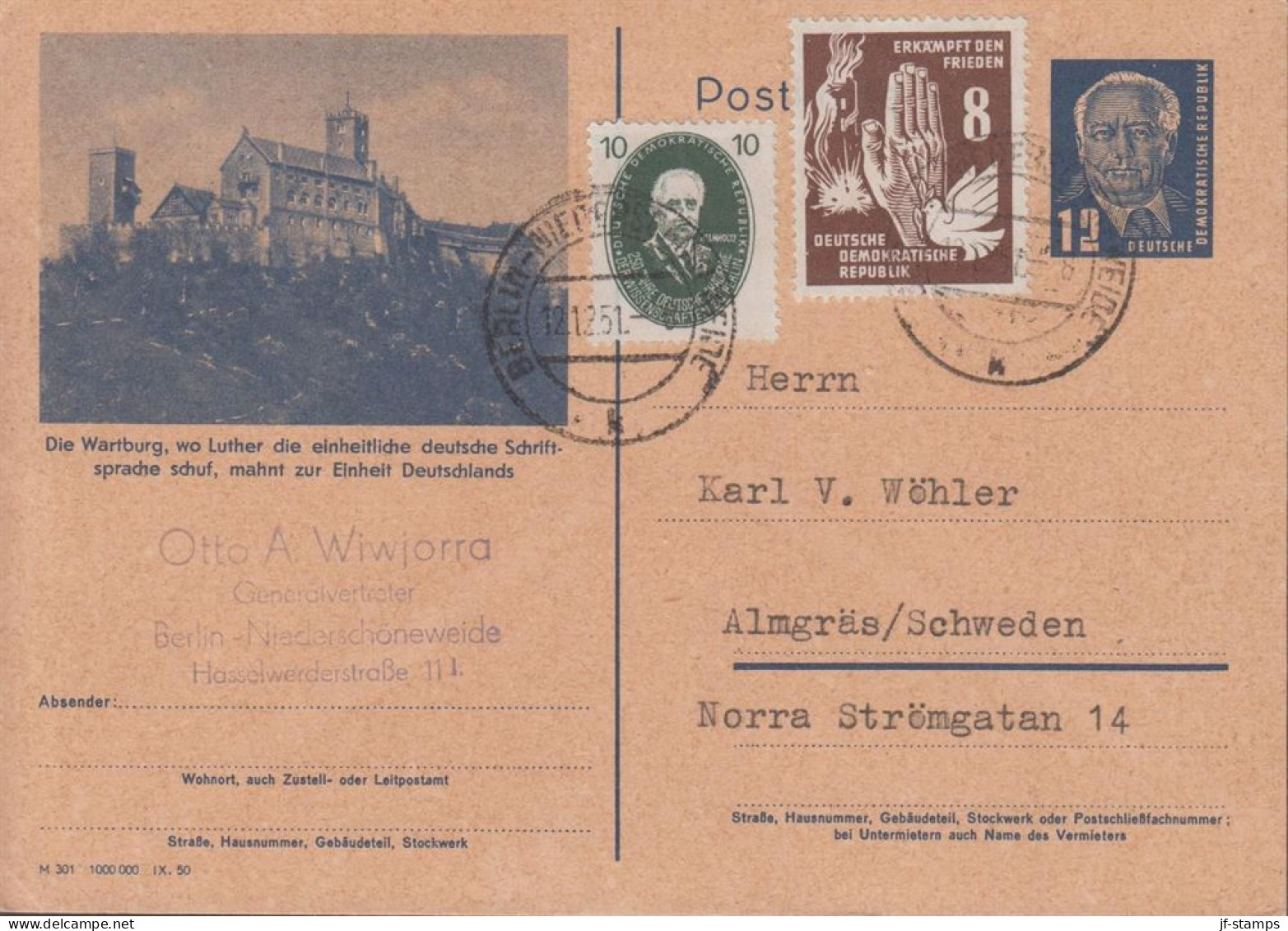 1951. DDR. Wilhelm Pieck. Postkarte 12 Pf. Together With 8 Pf Frieden And 10 Pf Hermann... (MICHEL265 + 277+) - JF442186 - Postkarten - Gebraucht