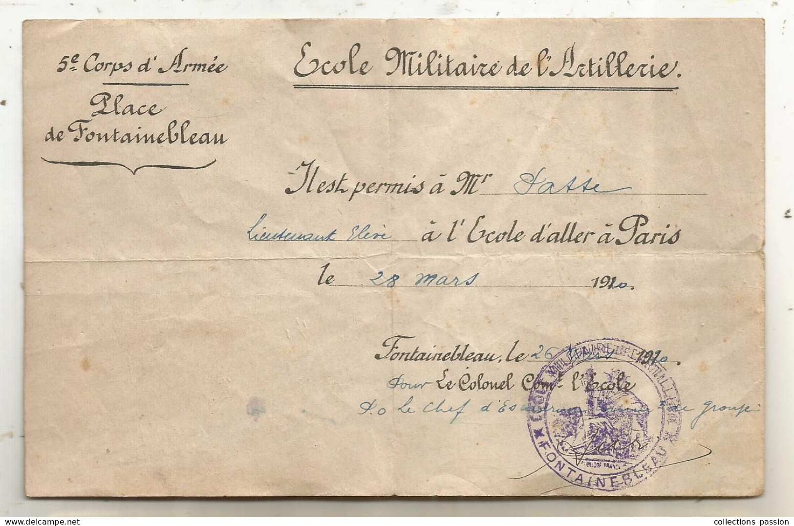 Militaria, Autorisation De Sortie, ECOLE MILITAIRE DE L'ARTILLERIE, 5 E Corps D'Armée, Place De Fontainebleau, 1920 - Documents