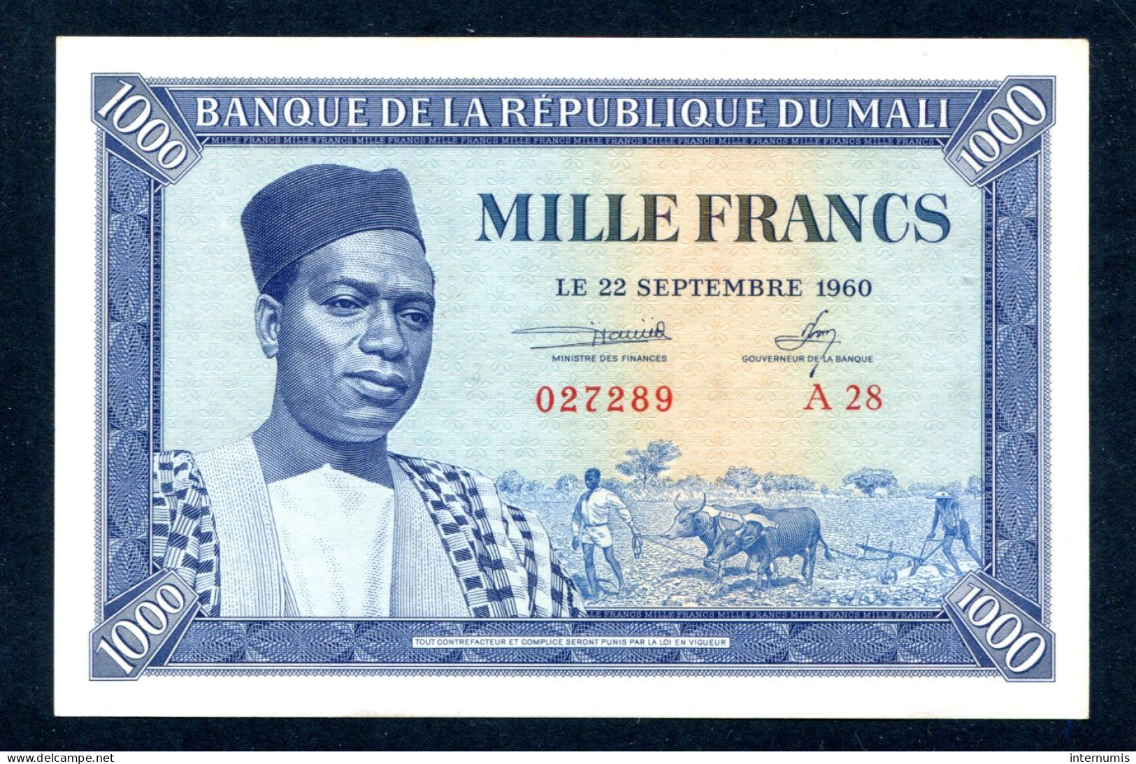 MALI, 1000 Francs, 22-09-1960, N° : A28-027289, Pr. Neuf (UNC), (Leclerc & Kolsky) K.398,B104a, P.04a - Mali