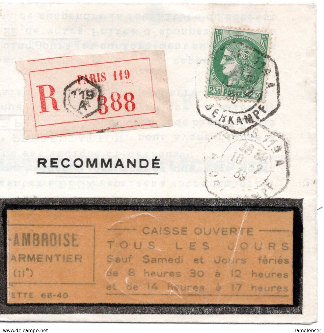 68108 - Frankreich - 1939 - 2,50F Iris EF A R-OrtsBf PARIS - Covers & Documents