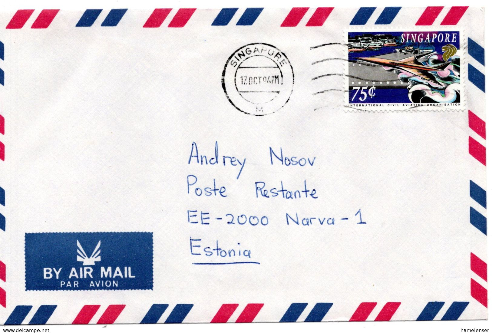 68123 - Singapur - 1994 - 75c Zivilluftfahrt EF A LpBf SINGAPORE -> NARVA (Estland) - Andere (Lucht)