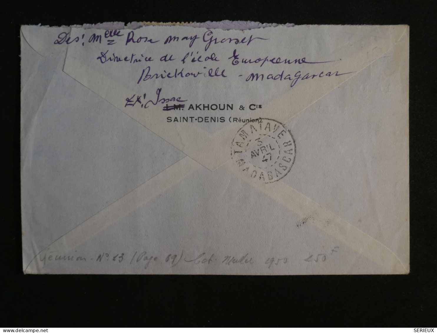 BV12 LA REUNION BELLE LETTRE RECO. RR  1947 1ER VOL A MADAGASCAR  SAINT DENIS  A BRICKAVILLE+PAIRE DE TP +AFF. PLAISANT+ - Cartas & Documentos