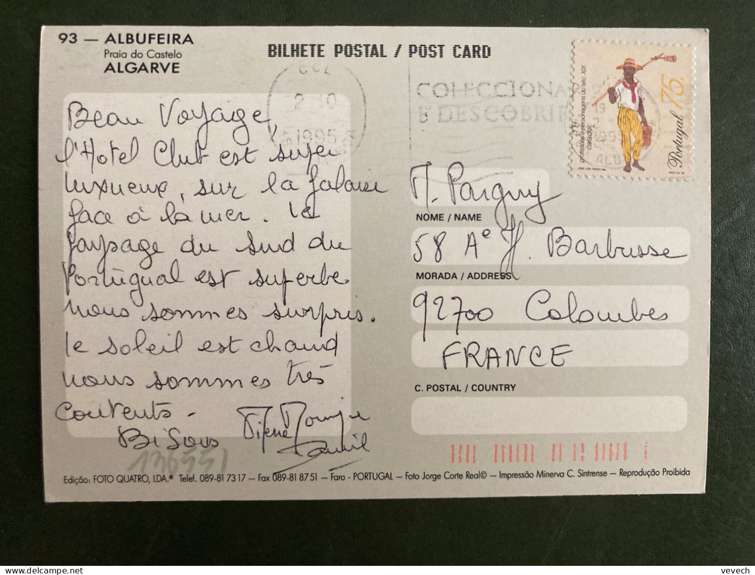 CP Pour La FRANCE TP CAIADOR 75 OBL.MEC.2 10 1995 ALBUFEIRA - Briefe U. Dokumente