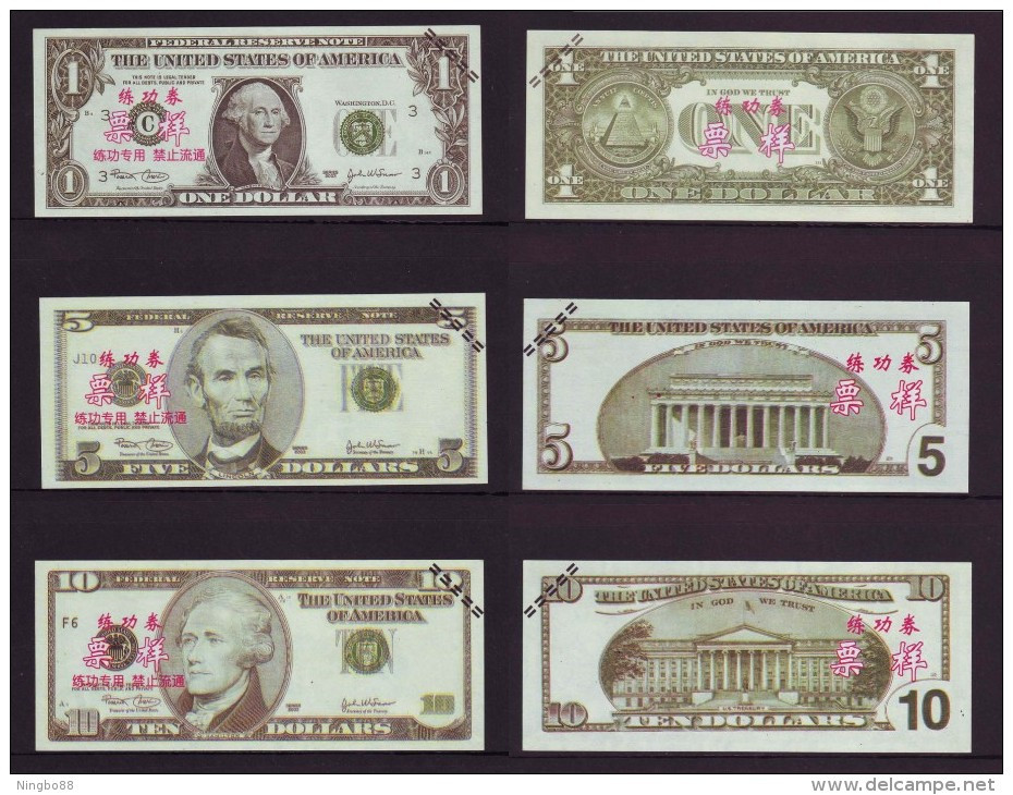 China BOC Bank (Bank Of China) Training/test Banknote,United States C Series 6 Different Dollars Specimen Overprint - Verzamelingen