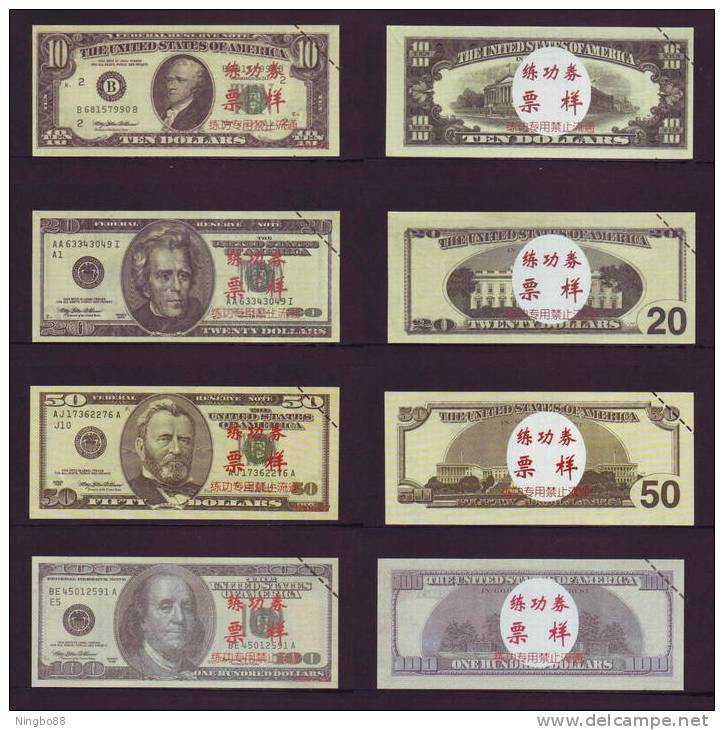 China BOC Bank (Bank Of China) Training/test Banknote,United States D Series 7 Different Dollars Specimen Overprint - Verzamelingen