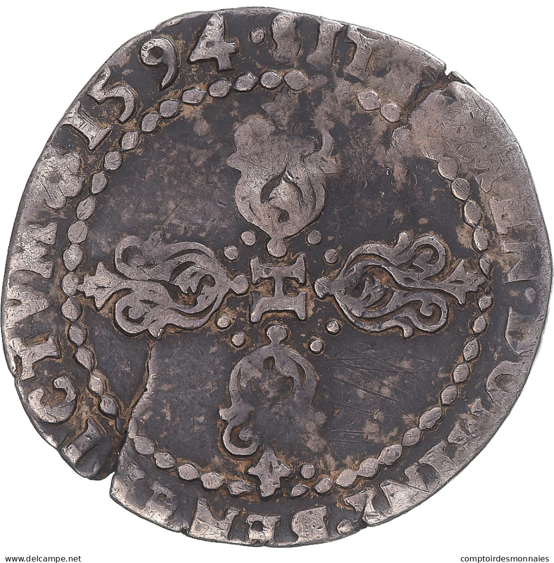 Monnaie, France, Henri IV, 1/4 Franc, 1594, Rouen, Inédit !, TB+, Argent - 1589-1610 Henry IV The Great