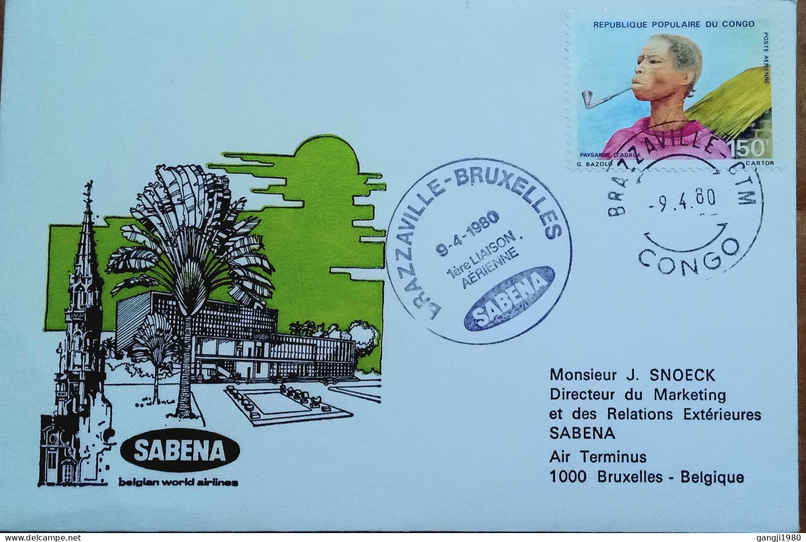 CONGO-BELGIUM 1980, FIRST FLIGHT COVER,  BELGIUM WORLD AIRLINES, BRAZZAVILLE-BRUXELLES CITY CANCEL, ABALA PEASENT WOMAN - Briefe U. Dokumente