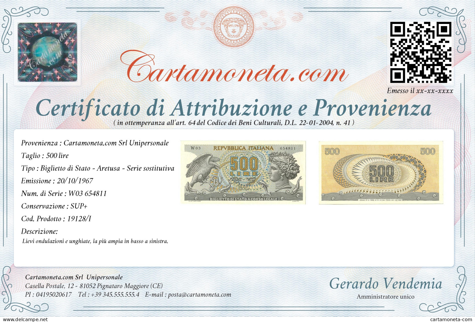 500 LIRE BIGLIETTO DI STATO ARETUSA SERIE SPEC. SOSTITUTIVA W03 20/10/1967 SUP+ - Sonstige & Ohne Zuordnung