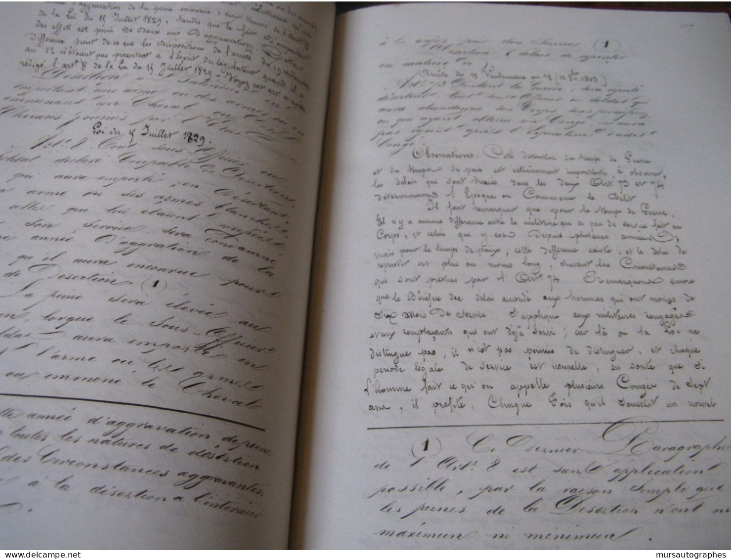 CHANCHOU Manuscrit Autographe Relié "COURS ELEMENTAIRE DE LEGISLATION PENALE MILITAIRE" 1840 CONSEILS GUERRE CRIMES