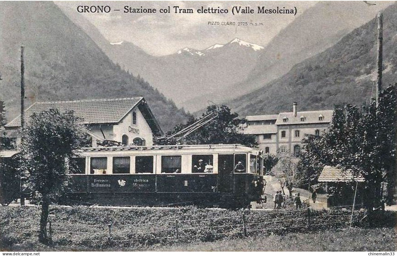 SUISSE GRONO STAZIONE COL TRAM ELETTRICO VALLE MESOLCINA ANIMATION REIMPRESSION DE CARTE ANCIENNE COLLECTION E.B. 1970 - Grono