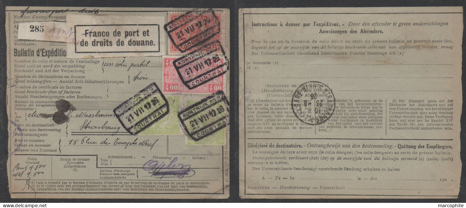 COLIS POSTAUX  -  BELGIQUE - COURTRAI - KORTRIJK /1926 - 4  BULLETINS D'EXPEDITION POUR LA FRANCE / 4 IMAGES (ref 3472) - Documents & Fragments