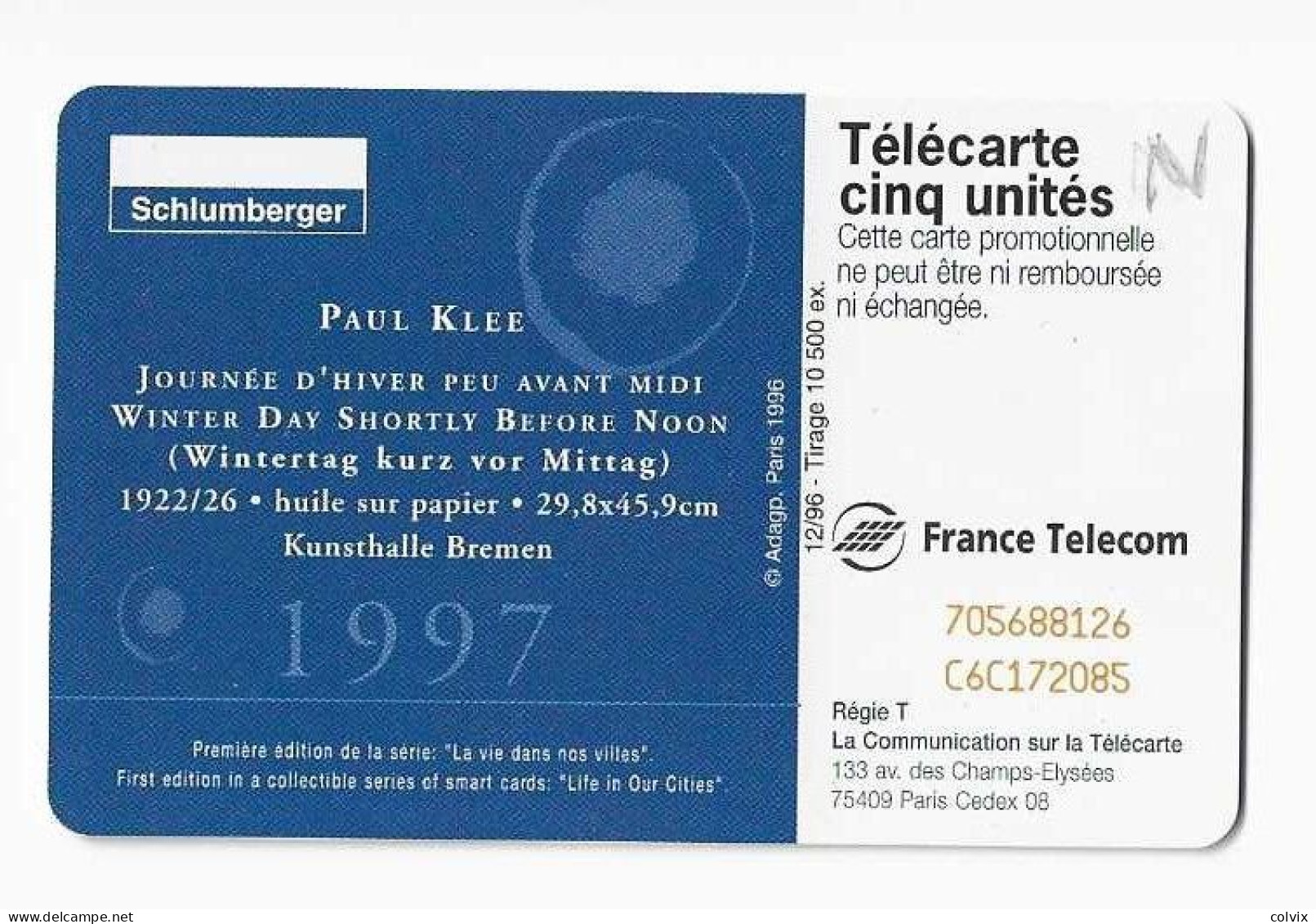 FRANCE TELECARTE 5 UNITES  GN290  SCHLUMBERGER TABLEAU De PAUL KLEE NEUVE MINT Date 12/1996 - 5 Einheiten