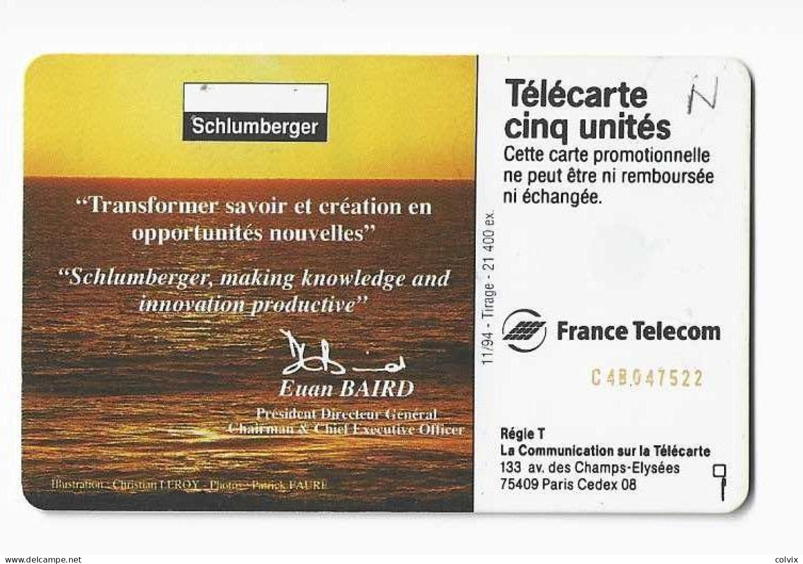 FRANCE TELECARTE 5 UNITES  GN87 SCHLUMBERGER CHRONOMETRE Illustration Christian LEROY NEUVE MINT Date 11/1994 - 5 Einheiten