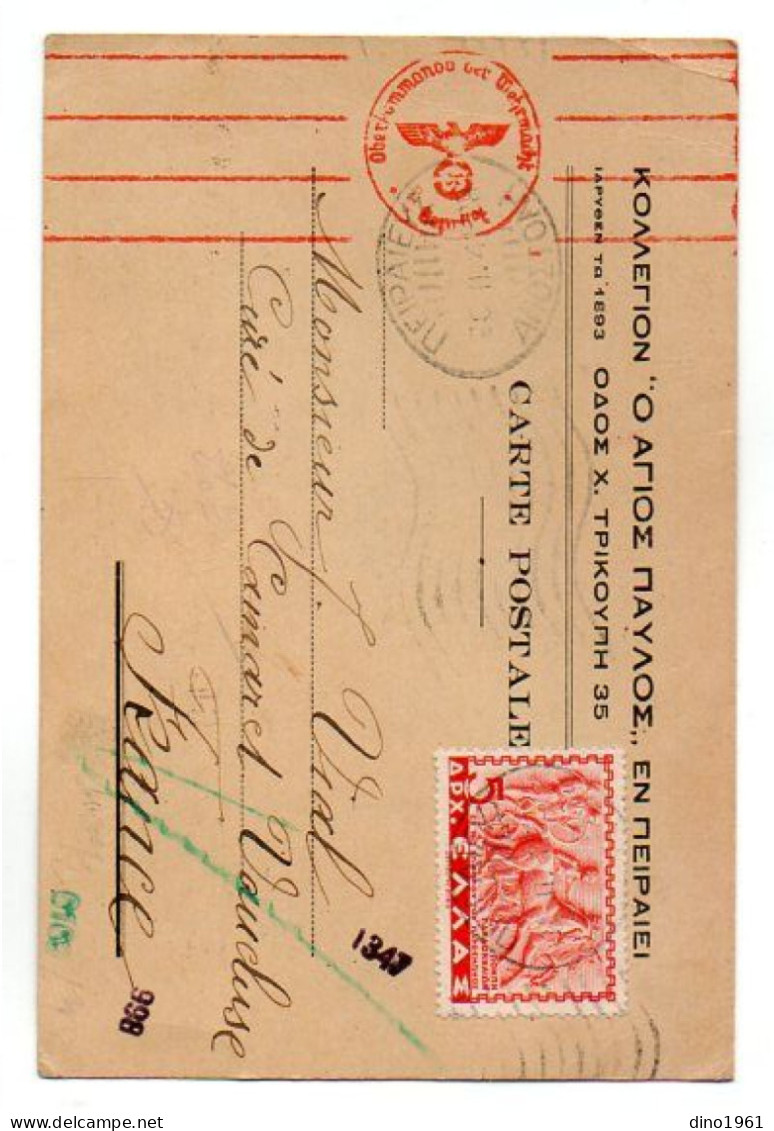 CPA - Guerre 39 / 45 - Carte Postale Avec Cachet Militaire Allemand - LE PIREE Pour M. J.VIAL Curé De CAMARET ( France ) - Briefe U. Dokumente