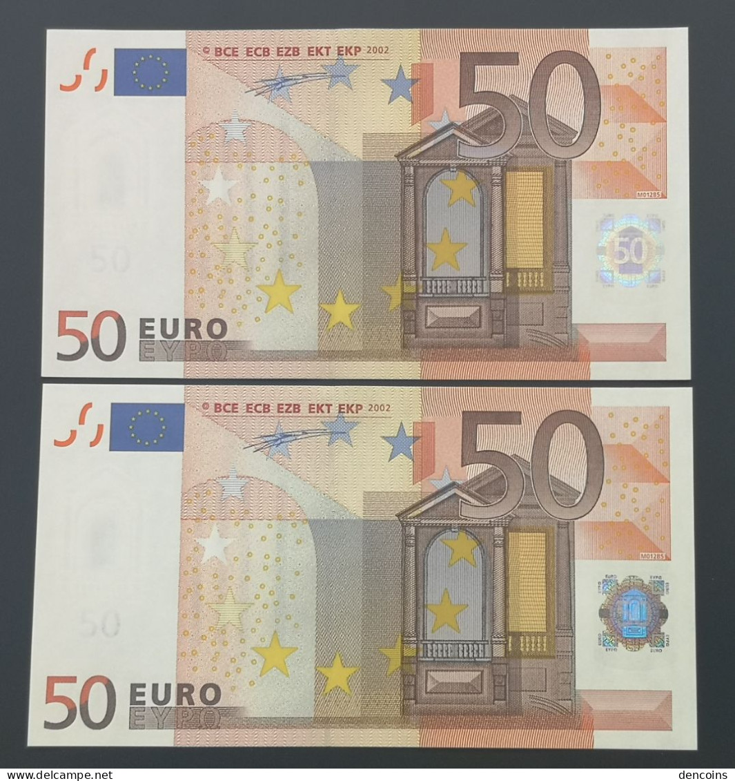 2 X 50 EURO  SPAIN ESPAÑA 2002 M012 DUISENBERG UNC PERFECT PAREJA CORRELATIVA !!!!!!!!!! - 50 Euro