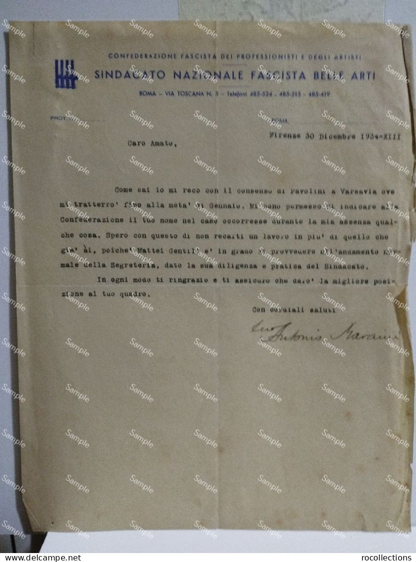 Signed Letter Lettera Firmata Scultore E Politico ANTONIO MARAINI. Firenze 1937 - Schilders & Beeldhouwers