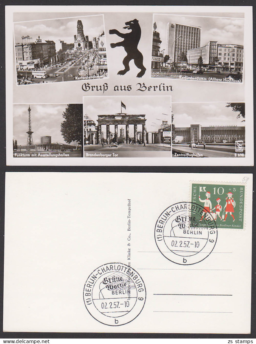 Grüne Woche Berlin Charlottenburg, SoSt. 2.2.57 Photokarte Zentralflughafen Berliner Bär Funkturm Kurfürstendamm - Maschinenstempel (EMA)