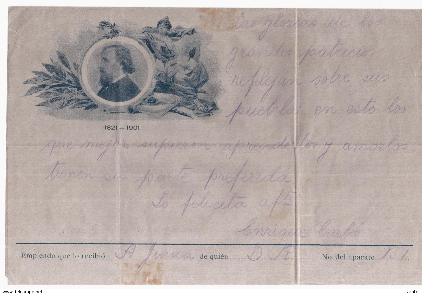 ARGENTINA TELEGRAMA 1901 80 ANIVERSARIO DEL GENERAL BARTOLOME MITRE - Télégraphes
