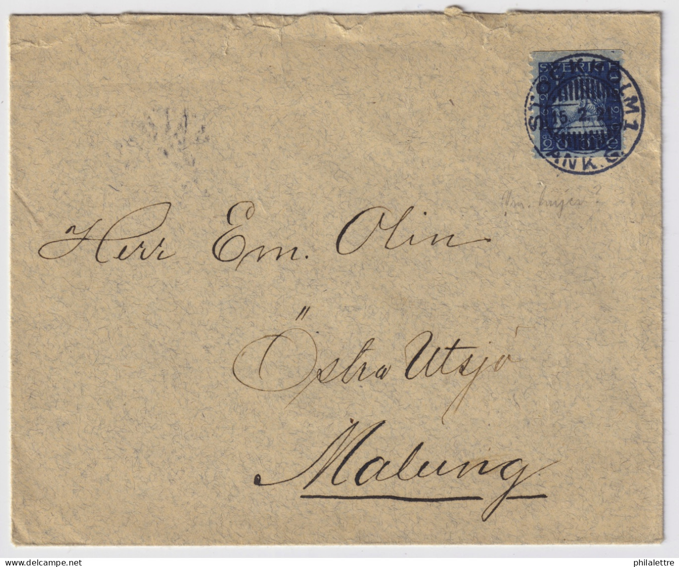 SWEDEN - 1921 - Facit F152 20ö Blue On Cover Used "STOCKHOLM 1 / ANK. G" To MALUNG - Briefe U. Dokumente