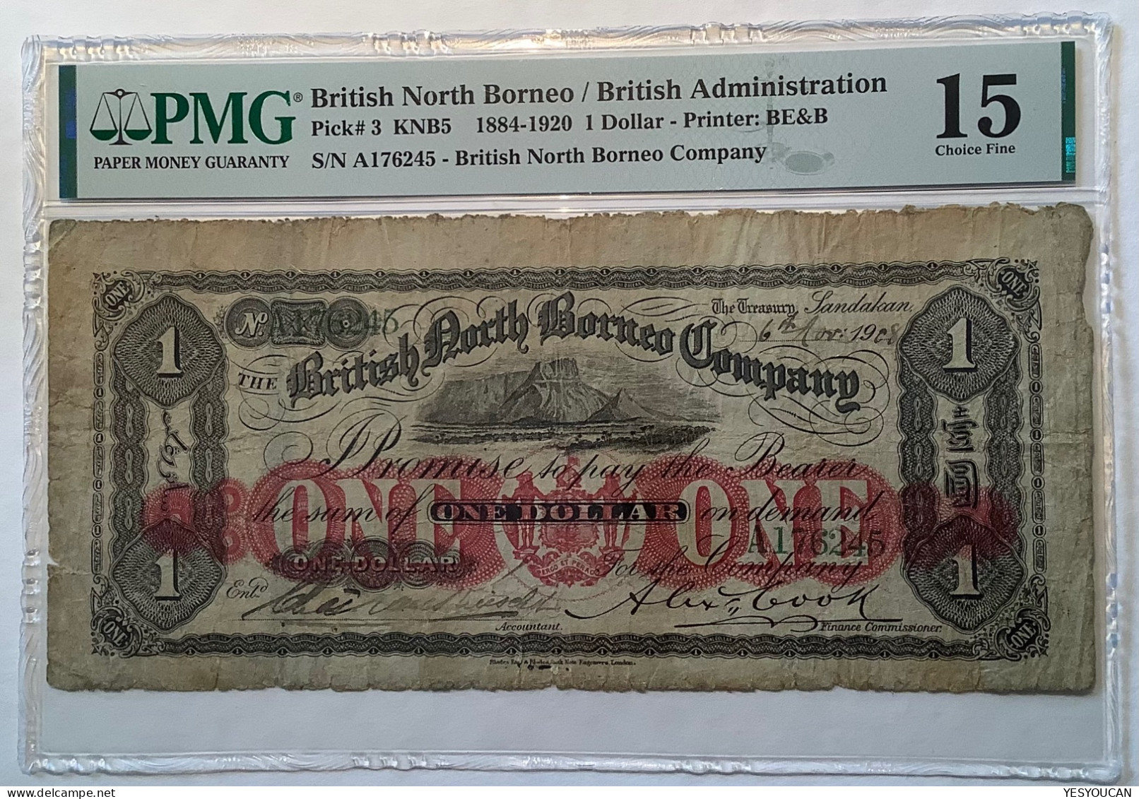 British North Borneo Company 1908 ! 1 Dollar RARE EARLY BANKNOTE Pick 3 1884-1920 PMG15 (Malaysia Straits Settlements - Malaysie