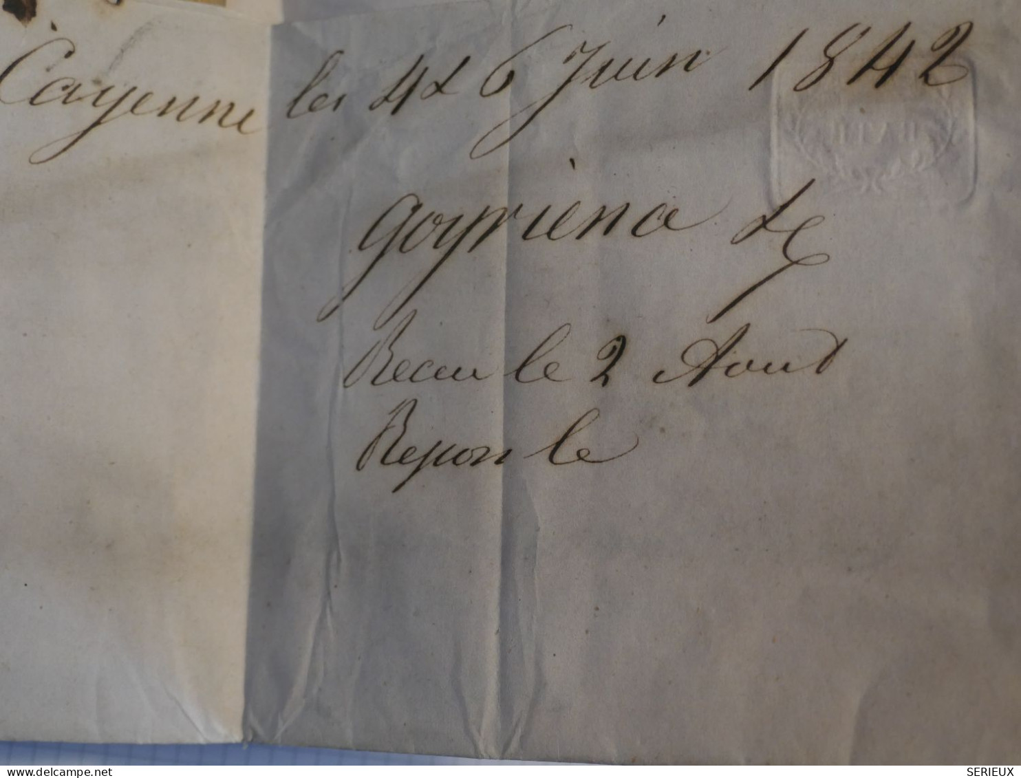 BW2  GUYANNE FRANCAISE  BELLE LETTRE RRR  1842 CAYENNE A BORDEAUX FRANCE  + +CACHET OUTREMER EN ROUGE ++  ++ - Briefe U. Dokumente