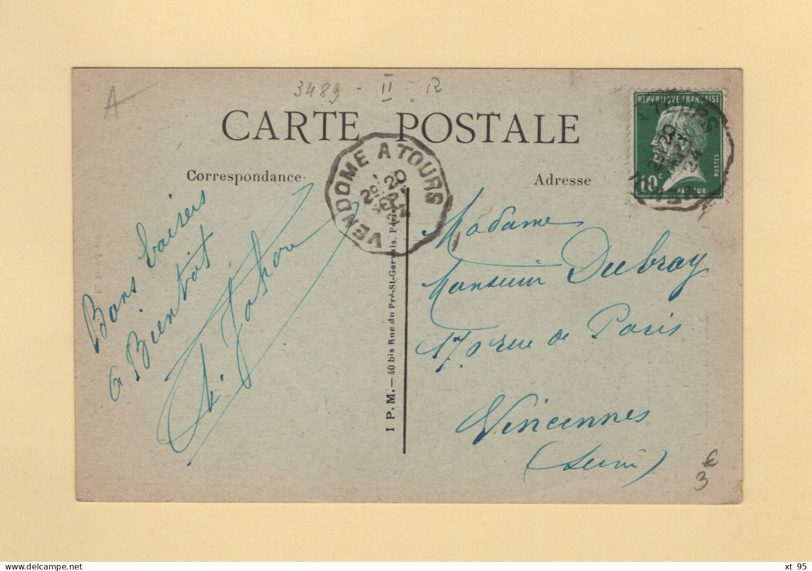 Convoyeur - Vendome A  Tours - 1924 - Type Pasteur - Railway Post