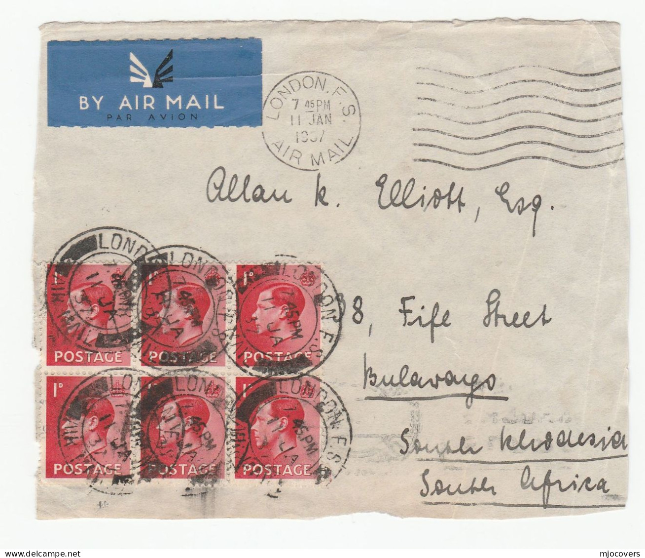 London FS AIR MAIL CDS To SOUTH AFRICA COVER (Front) 1937 E8 Eviii GB Stamps Aviation Flight - Briefe U. Dokumente