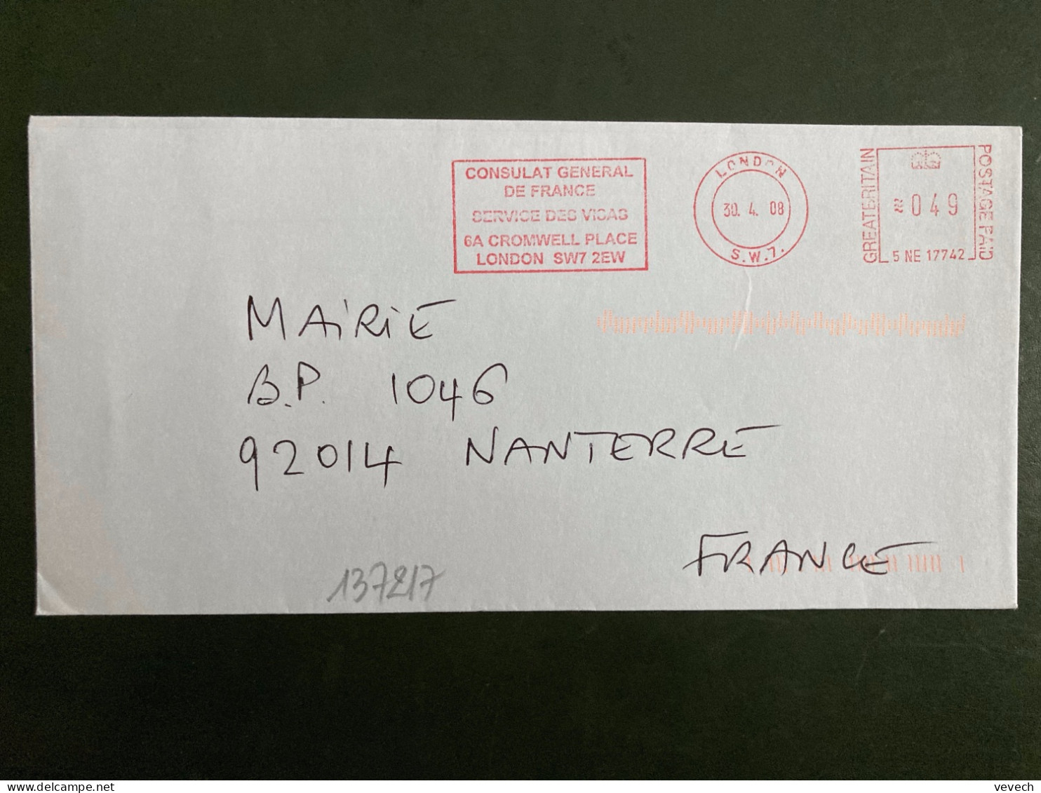 LETTRE EMA 5 NE 17742 à 049 Du 30 4 08 LONDON S.W.7. CONSULAT GENERAL DE FRANCE SERVICE DES VISAS - Maschinenstempel (EMA)