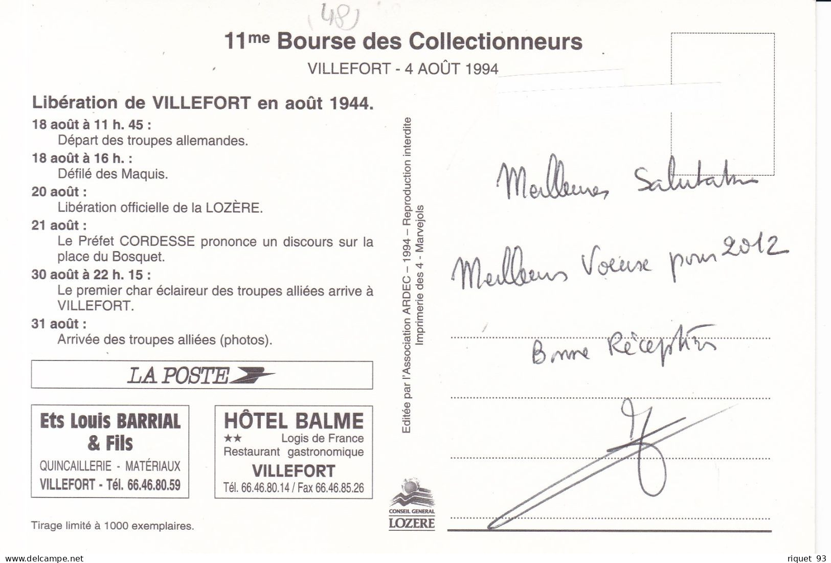 VILLEFORT(Lozère)-11ème Bourse.....4 Août 1994 - Libération De VILLEFORT 1944 - Beursen Voor Verzamellars