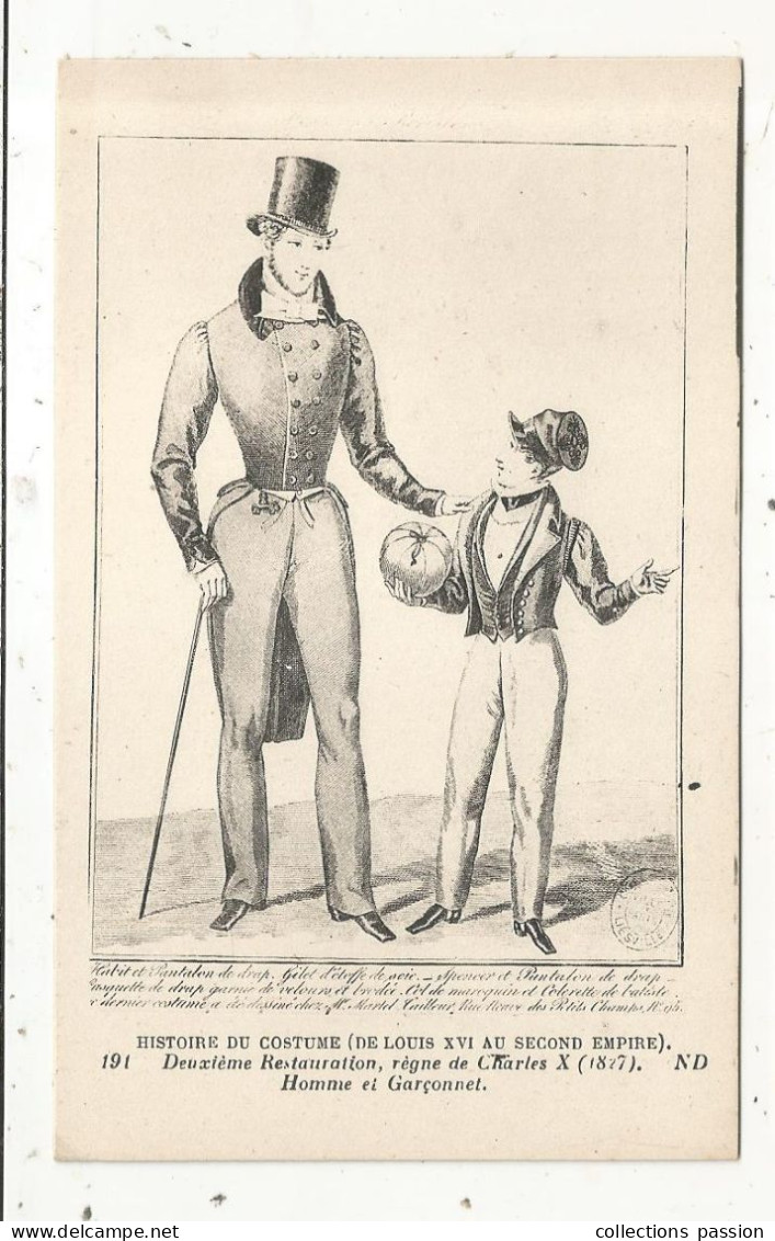 JC, Cp, Mode, HISTOIRE DU COSTUME, Régne De Charles X, 1827, Homme Et Garçonnet, Vierge - Fashion