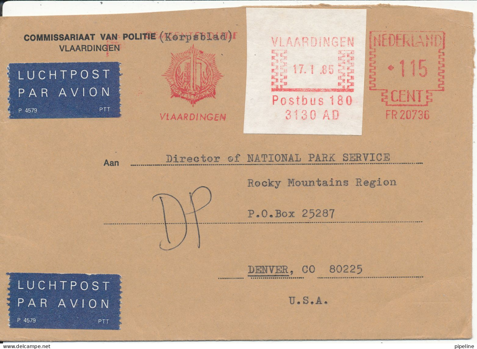 Netherlands Cover With Meter Cancel Vlaardingen 17-1-1985 Sent To USA - Maschinenstempel (EMA)