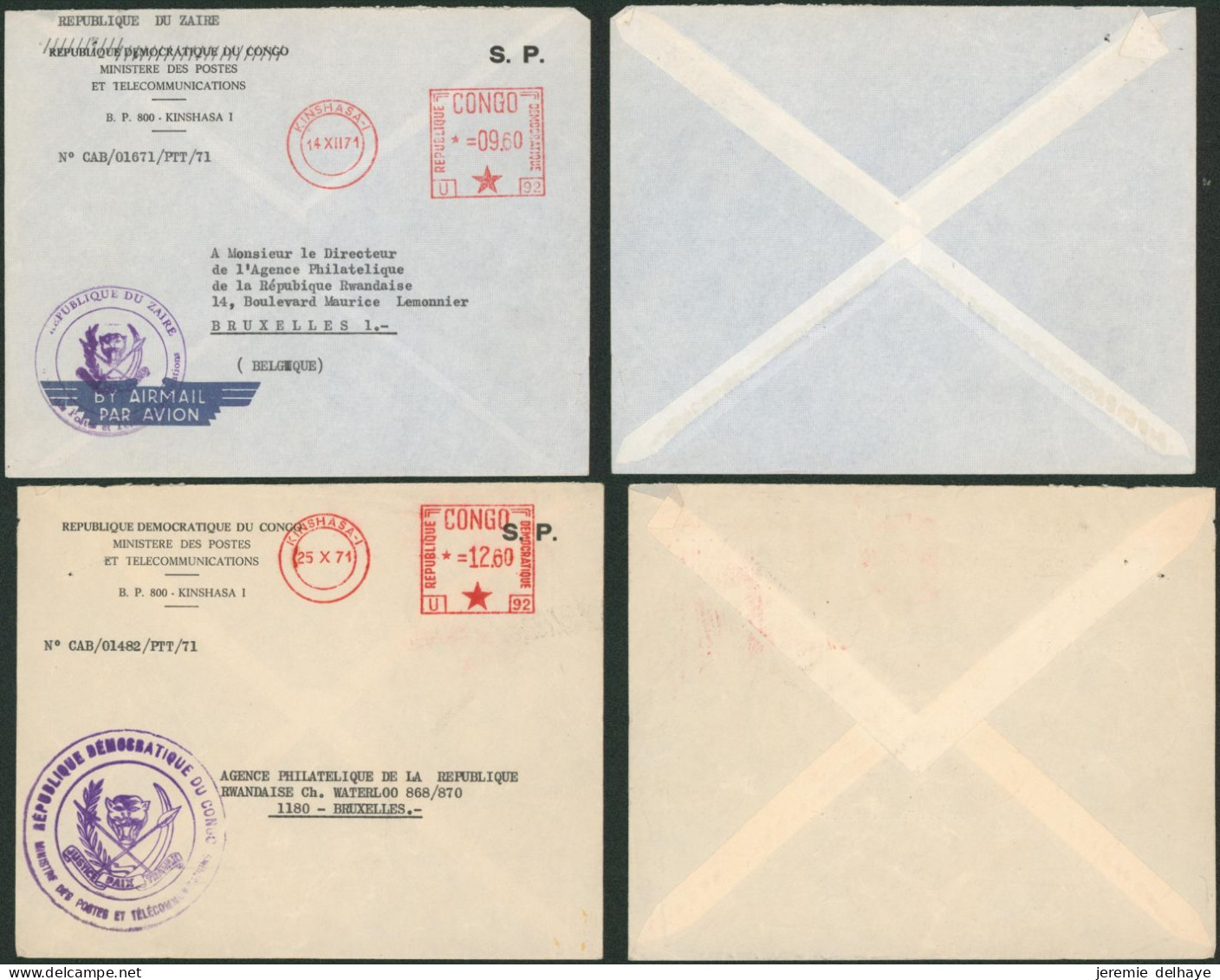 Zaïre - Lot De 2 Enveloppes (ministères Des Postes Et Télécommunications) "S.P" Période De Transition, De Kinshasa > Bru - Brieven En Documenten