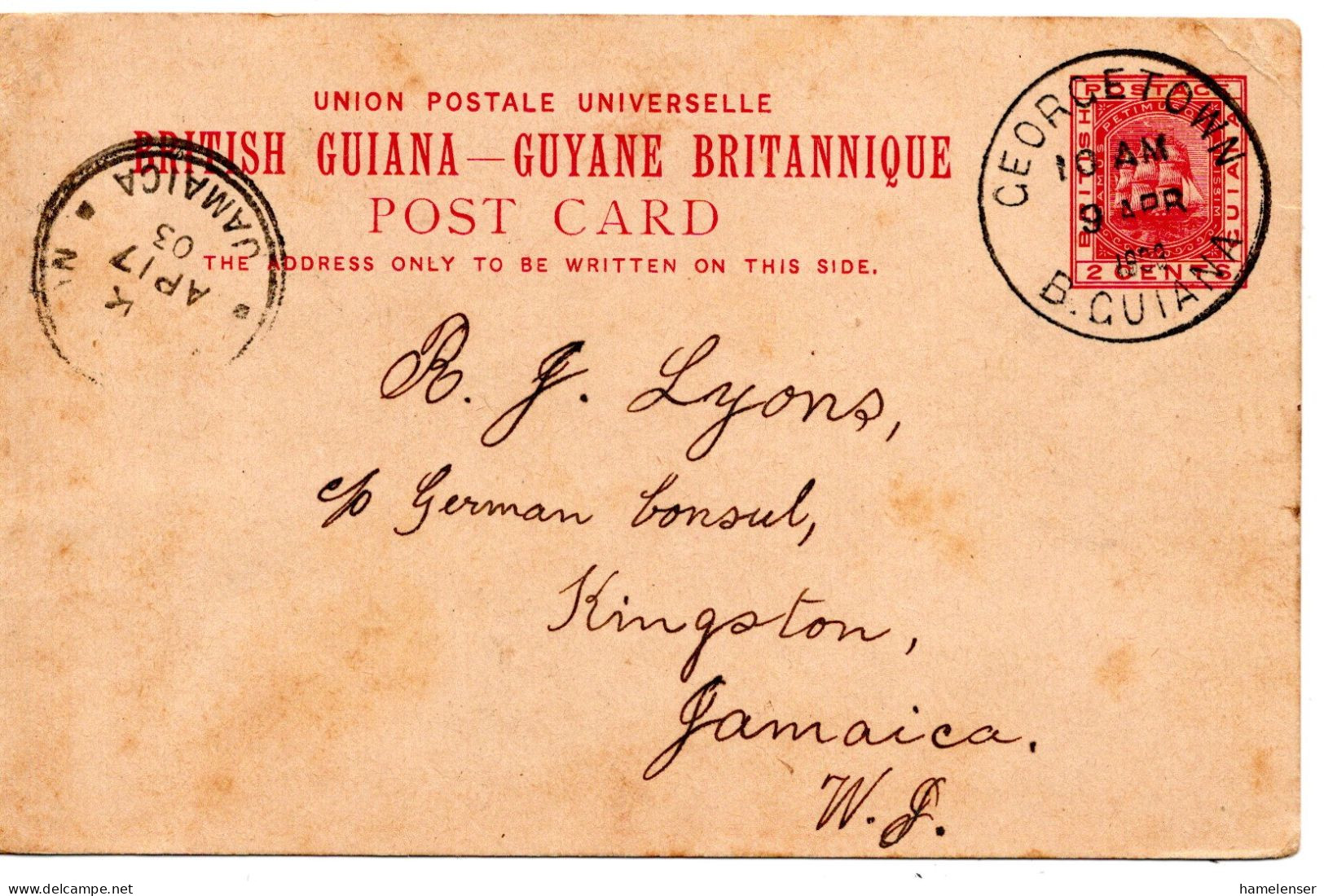 68167 - Brit Guyana - 1903 - 2¢ Schiff GAKte GEORGETOWN -> KINGSTON (Jamaica) - Guyane Britannique (...-1966)