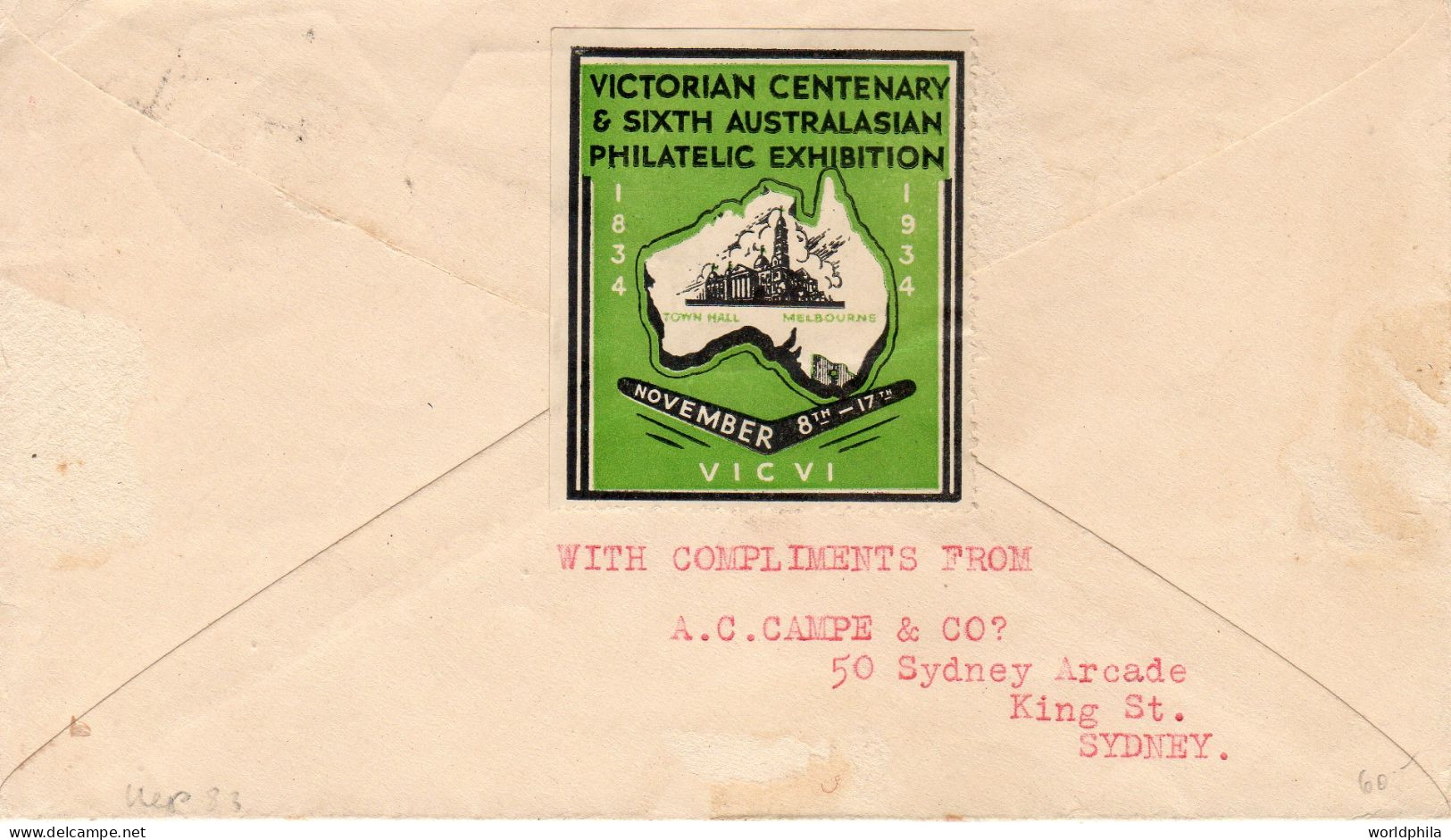 Australia 1934 Victorian Centenary, First Day Of The Philatelic Exhibition+ Sticker - Lettres & Documents