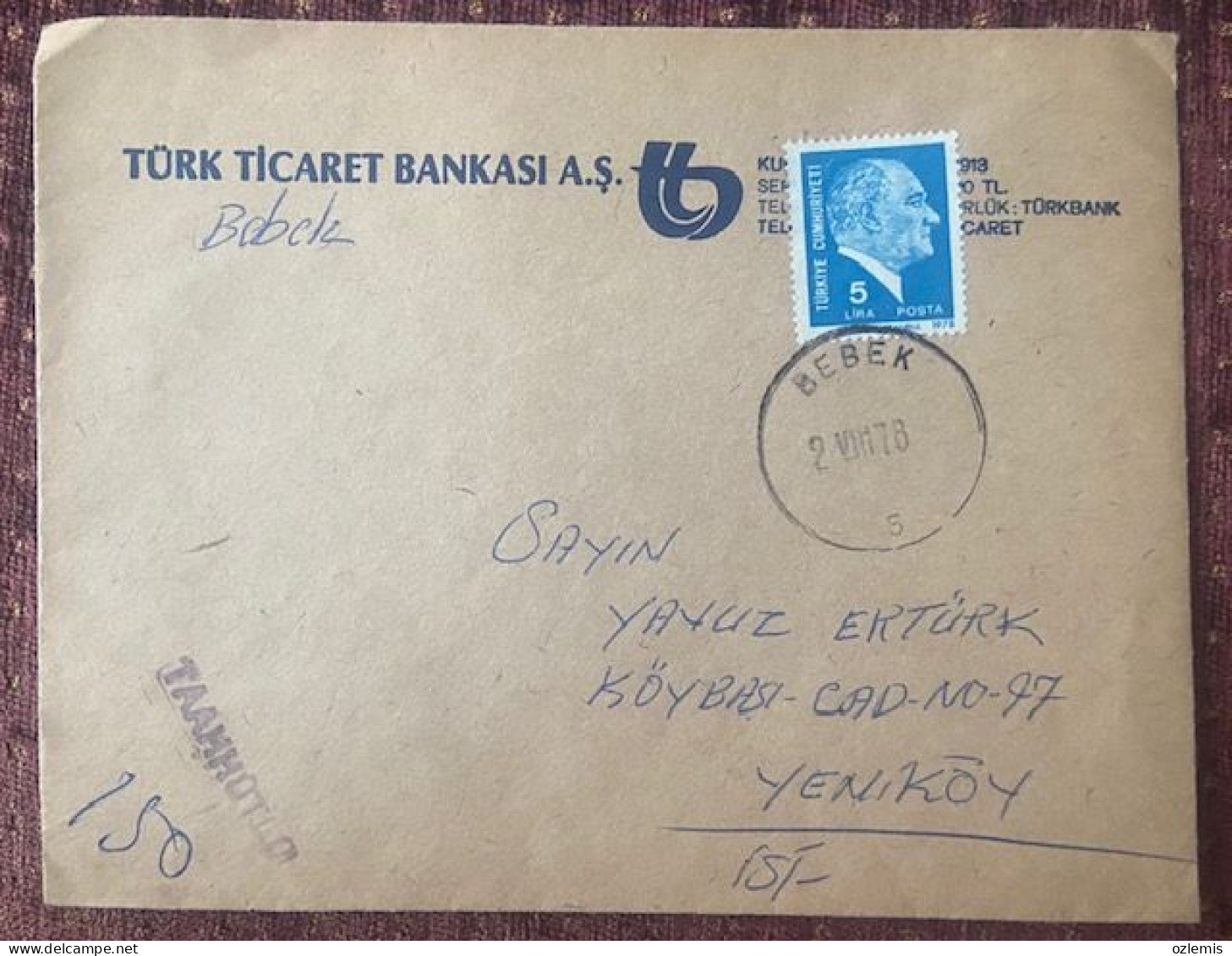 TURKEY,TURKEI,TURQUIE , ISTANBUL ,BEBEK TO YENIKOY ,1978  ,COVER - Covers & Documents