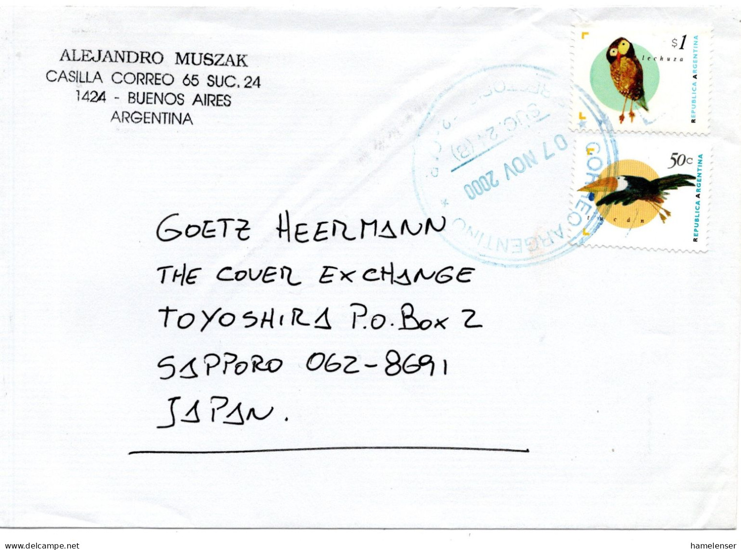 68193 - Argentinien - 2000 - $1 Eule MiF A Bf ... -> Japan - Briefe U. Dokumente