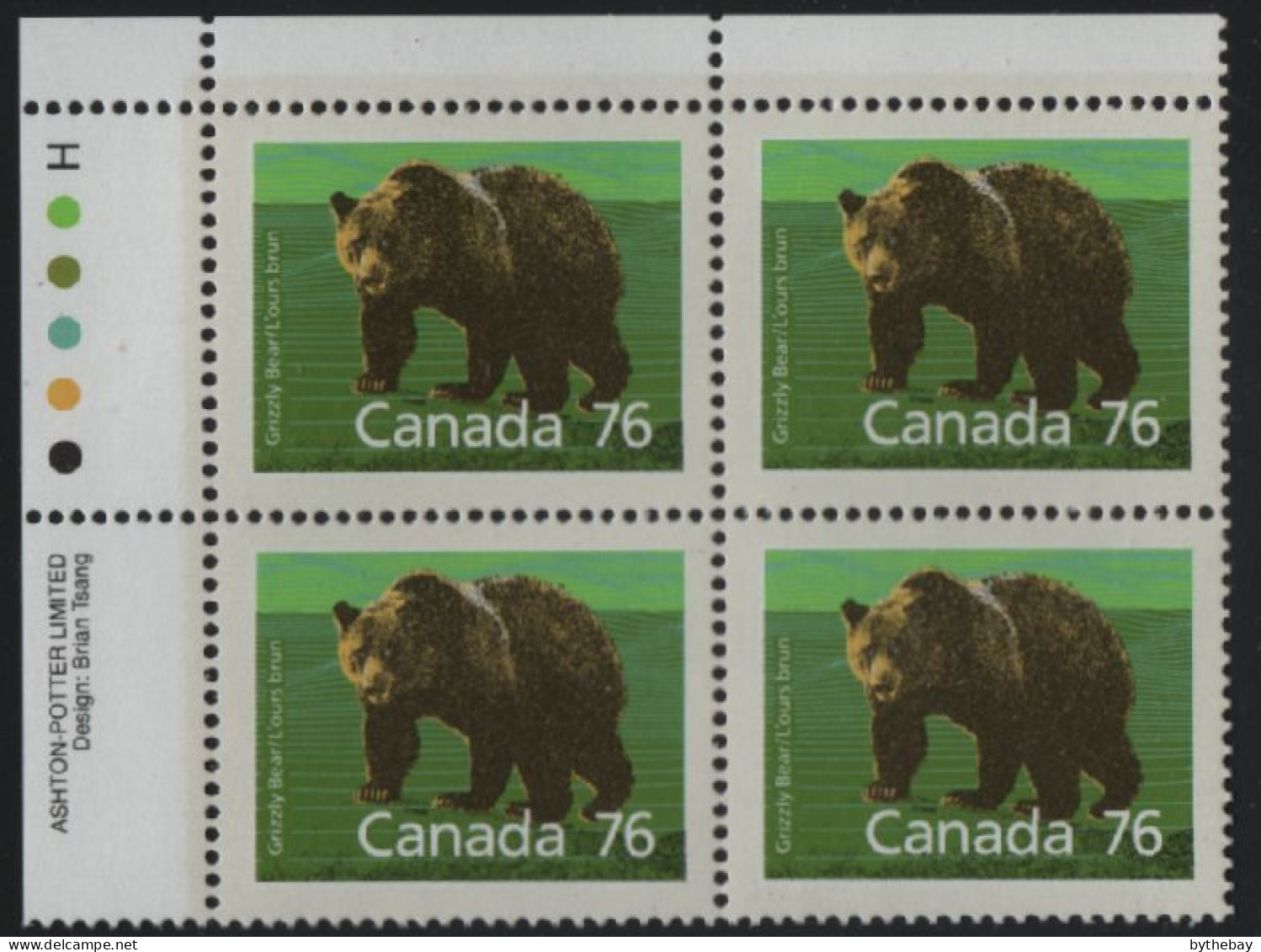 Canada 1988-92 MNH Sc 1178 76c Grizzly Bear UL Plate Block - Plattennummern & Inschriften