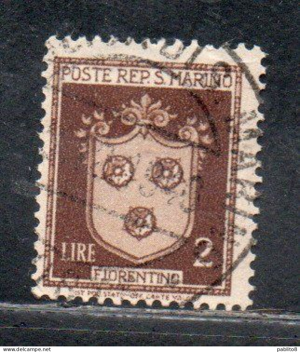 REPUBBLICA DI SAN MARINO 1945 1946 STEMMI COAT OF ARMS ARMOIRIES LIRE 2 USATO USED OBLITERE' - Gebruikt