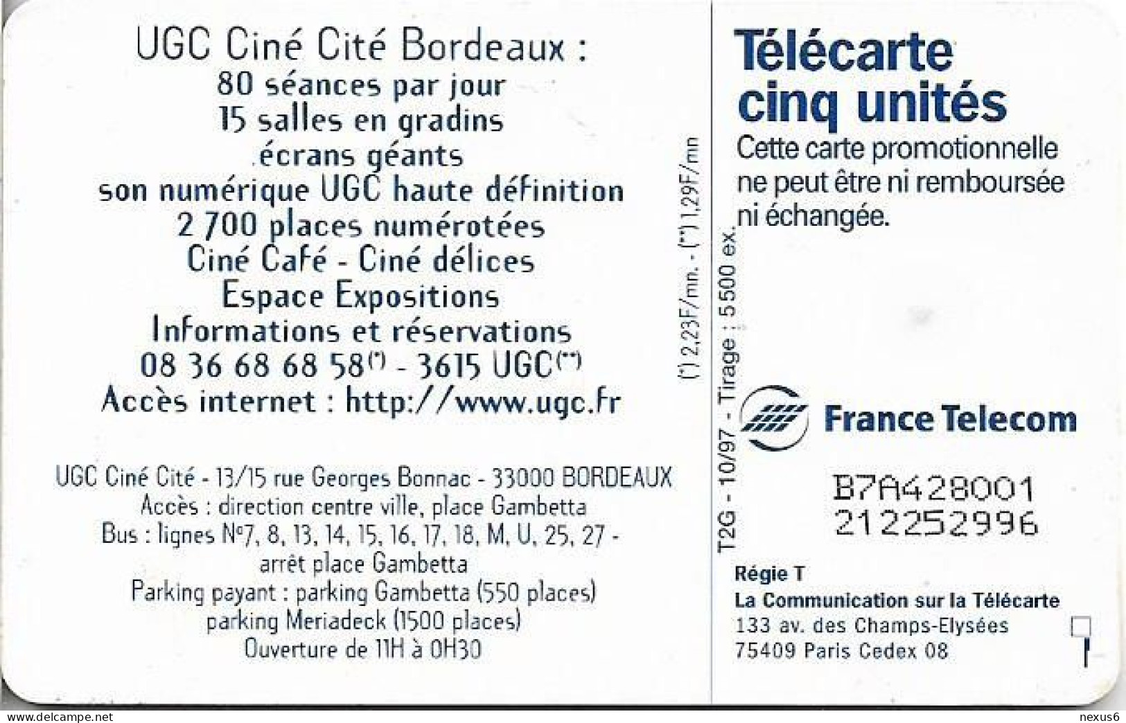 France - UGC Cinecite, Bordeaux - Gn415 - Gem2 Black, 10.1997, 5Units, 5.500ex, Used - 5 Einheiten