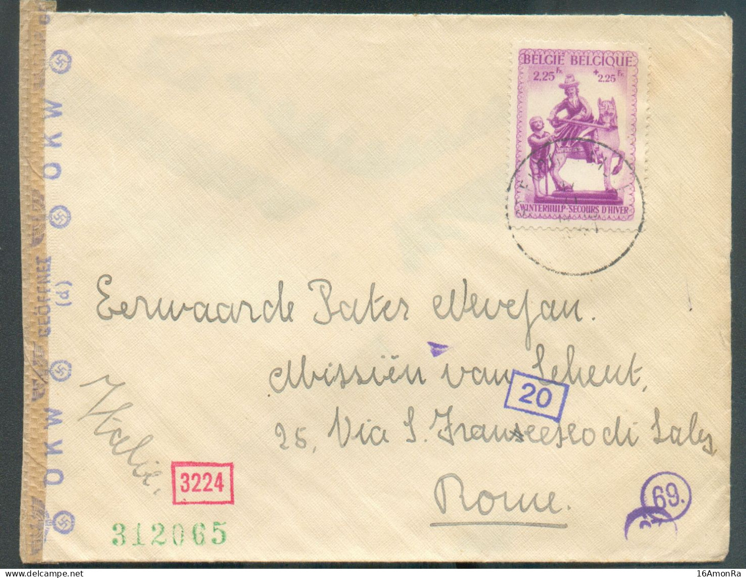 N°590 - 2Fr25 Obl. Sc St ELOIS VIJVE Sur Lettre Censurée (bande Et Cachet Allemands) Du 17-XI-194 Vers Roma (Italie)  - - Covers & Documents