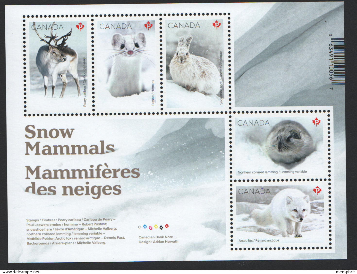 2021 Snow Mammals  Caribou, Ermine, Hare, Lemming, Fox  Souvenir Sheet Of 5 Diffeeent Sc 3275  MNH ** - Nuevos