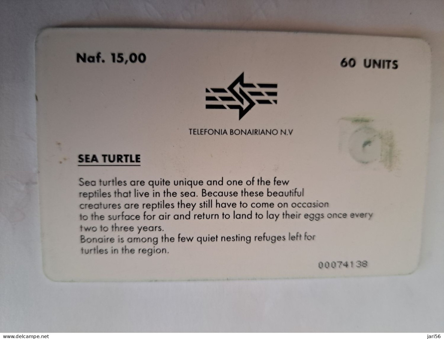 BONAIRE Naf 15,00/  60 Units SEA TURTLE/  SCHILDPAD  **14255** - Antillen (Niederländische)