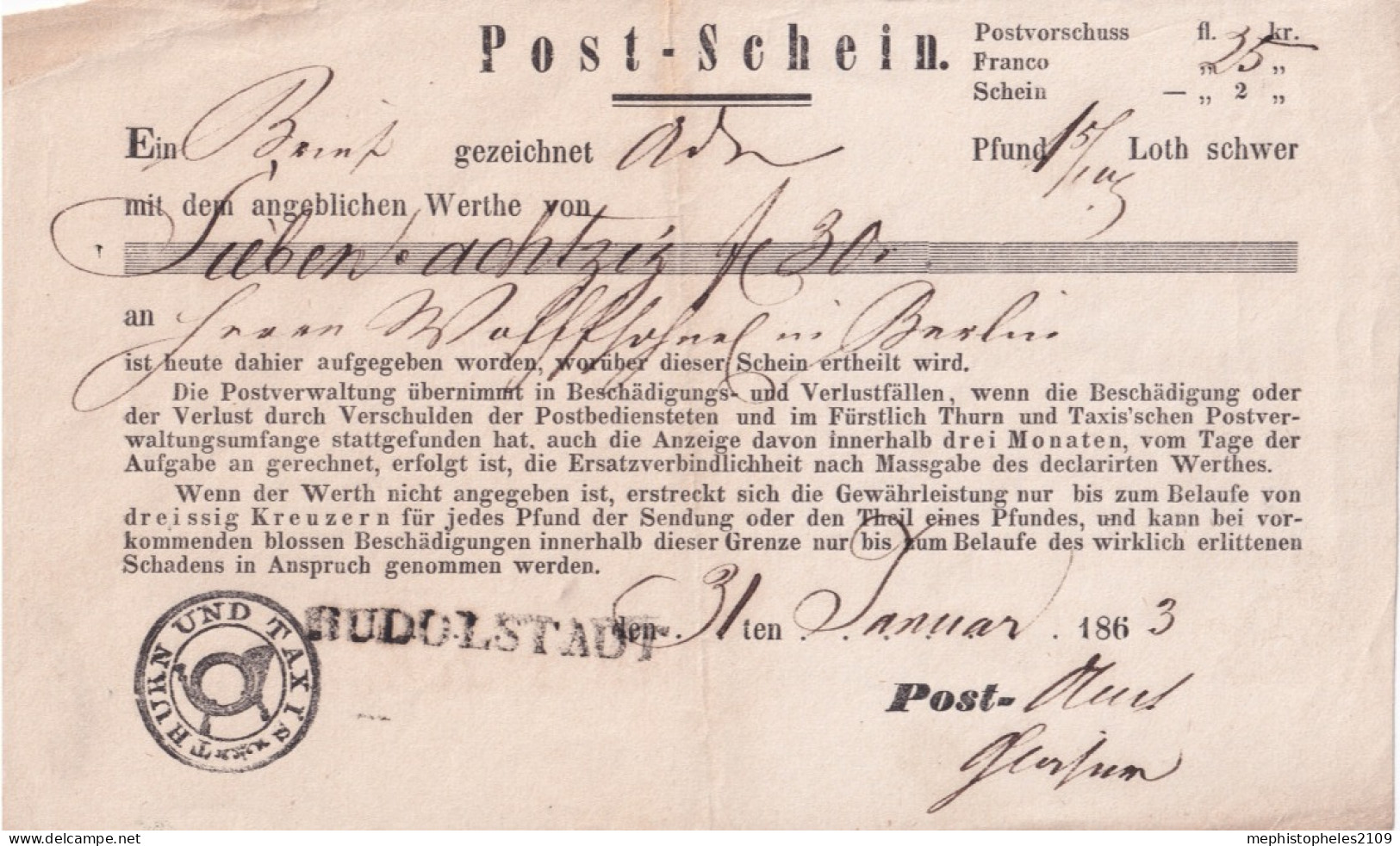 THURN UND TAXIS 1863 - Post-Schein Aus Rudolstadt - Briefe U. Dokumente