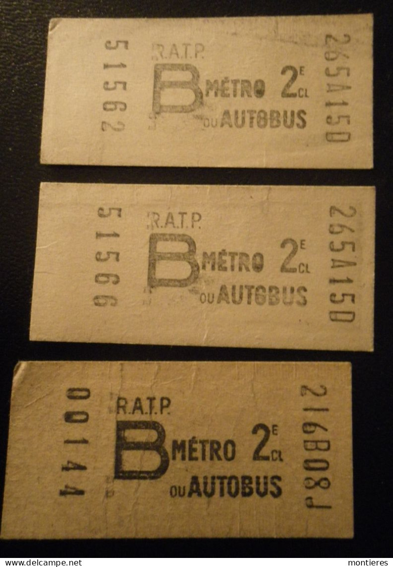 3 Billets RATP Métro Autobus 2ème Classe Dont Deux Même Série - B 265A150 (51562-51566) - B 216B08J (00144) - Europe