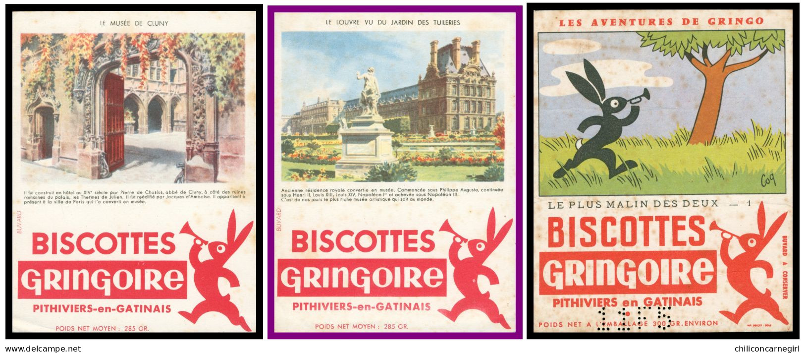 * Lot De 3 Buvards - BUVARD - Biscottes GRINGOIRE - Louvre Vu Du Jardin Des Tuileries Musée De Cluny Aventures De Gringo - Bizcochos