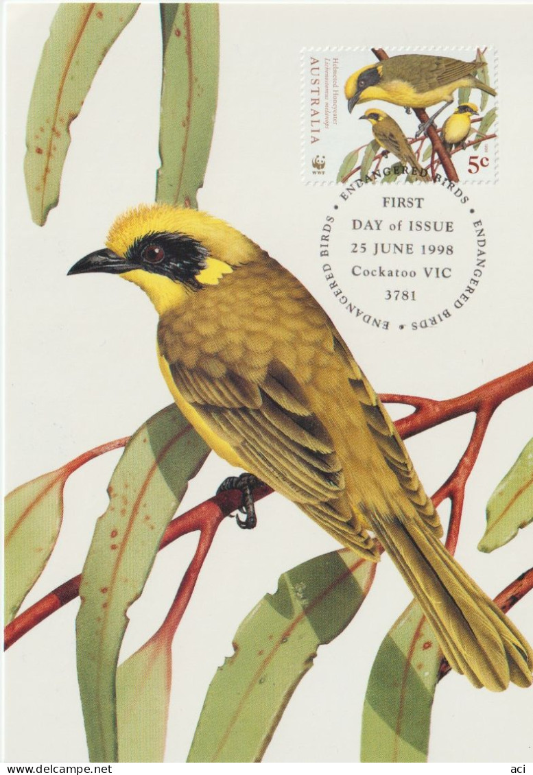 Australia 1998 Endangered Birds,Helmeted Honeyeater, Maximum Card - Maximumkaarten