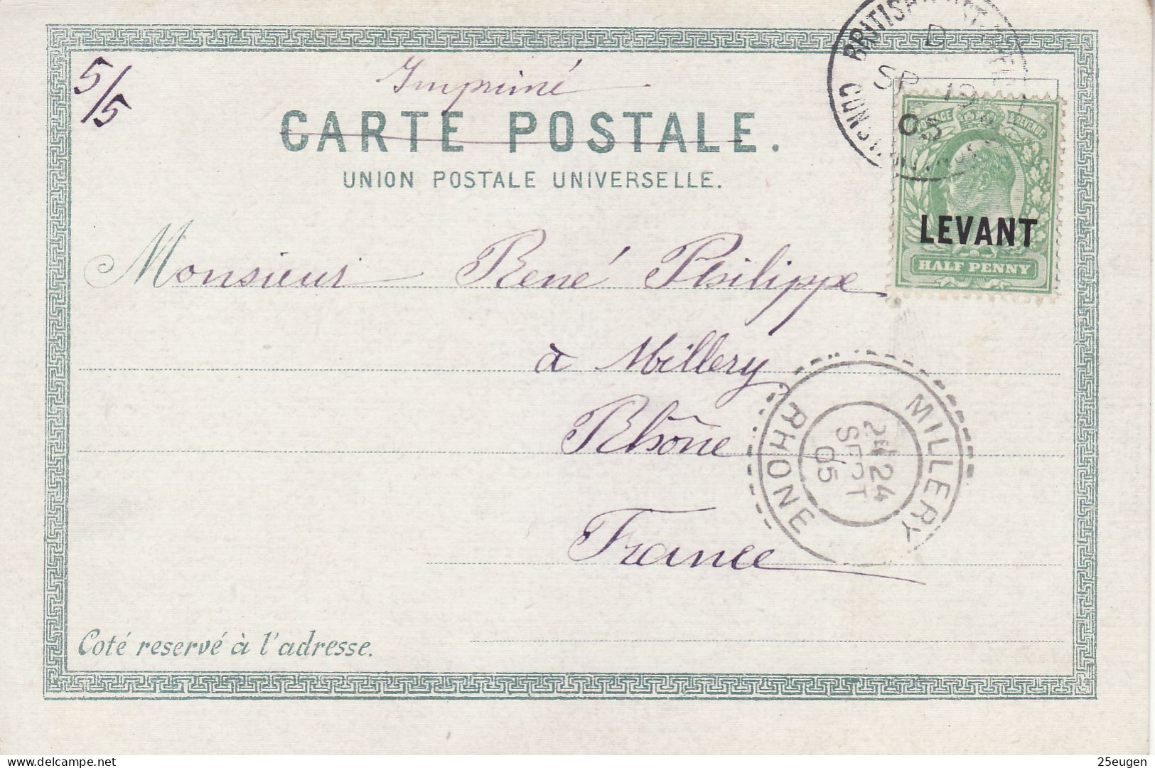 BRITISH LEVANT 1905  Postcard Sent  From Constantinople To Millery Rhone - Levante Británica