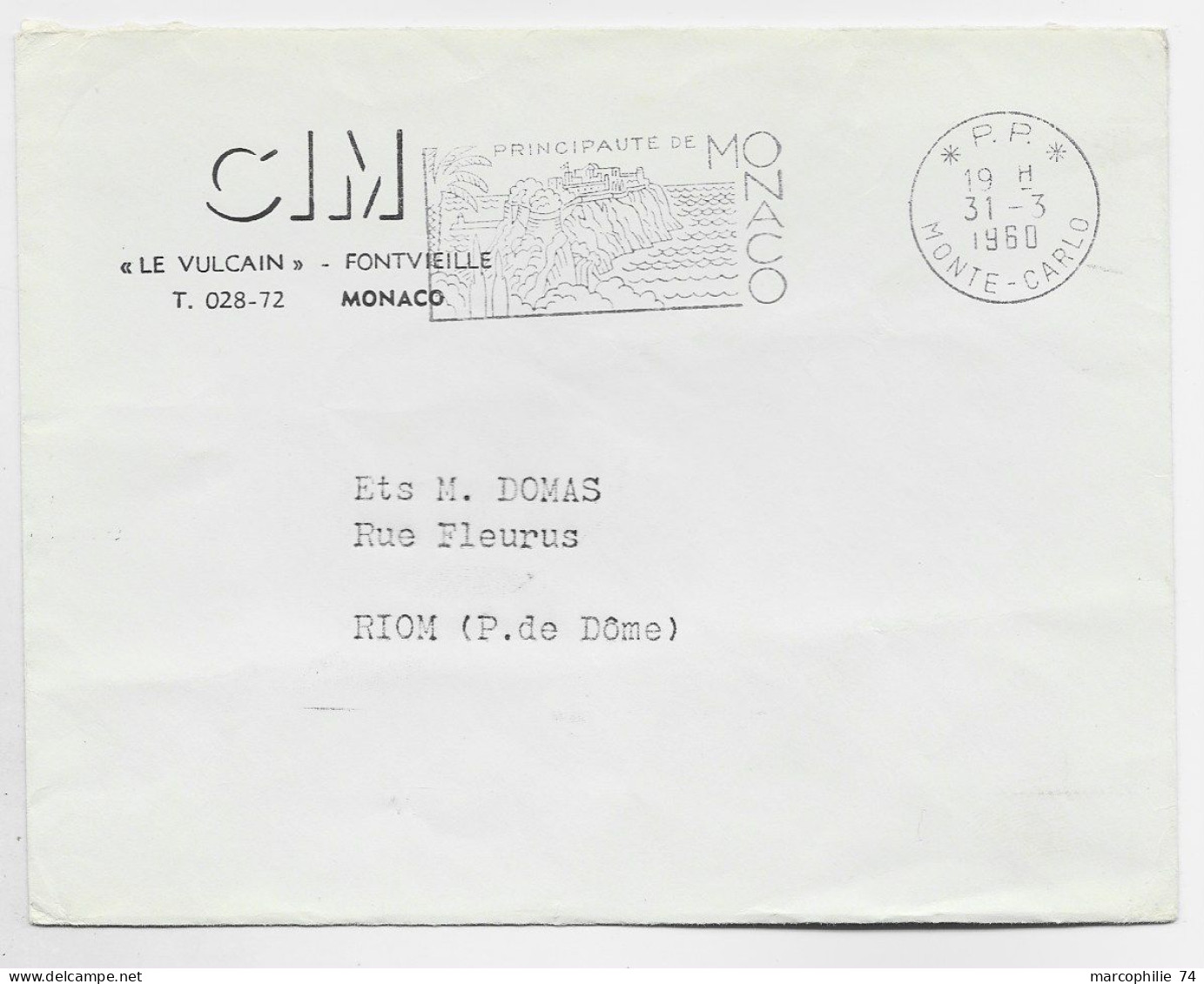 MONACO LETTRE COVER MANQUE UN RABAT MECANIQUE SECAP PRINCIPAUTE *P.P.* 31.3.1960 MONTE CARLO - Brieven En Documenten