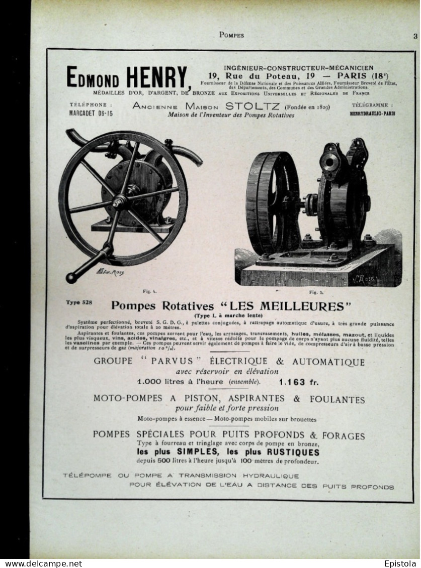 ►   POMPE Rotative Hydraulique Inventeur STOLTZ   - Page Catalogue Technique 1928  (Dims Env 22 X 30 Cm) - Máquinas