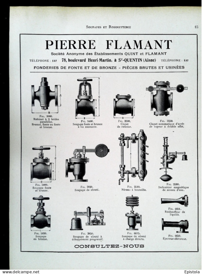 ► Pièces De FONDERIE Soupapes PIERRE FLAMANT   ST QUENTIN (Aisnes)  - Page Catalogue Technique 1928  (Env 22 X 30 Cm) - Tools